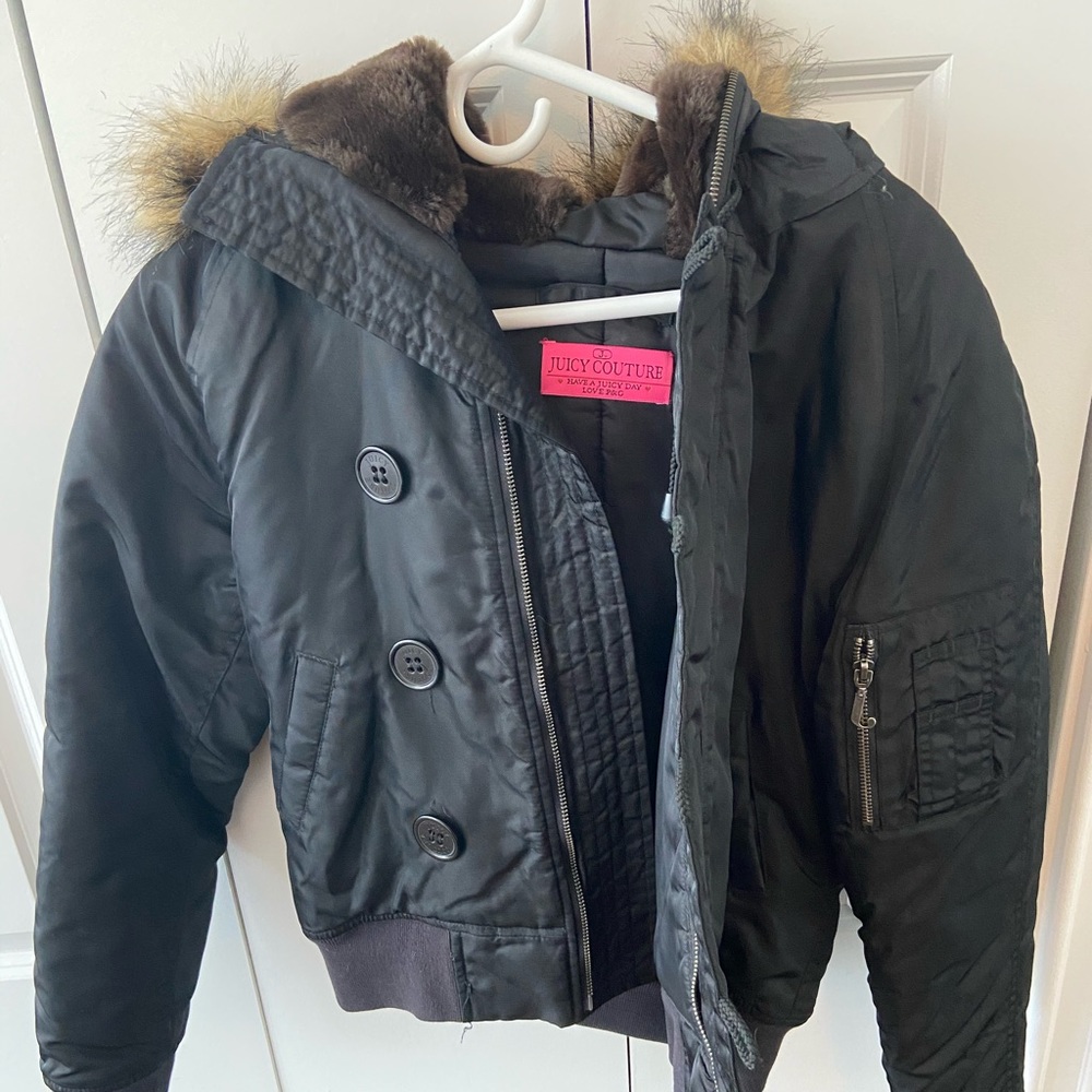 Juicy Couture Black Bomber Fur Hood Coat Jacket